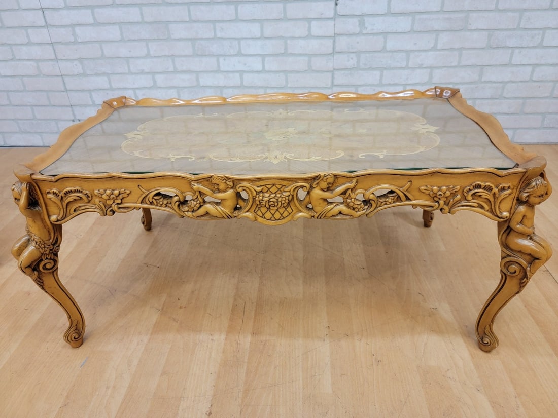 Antique Italian Rococo Cherub Table Set - Carved Marquetry, 3-Piece - 7