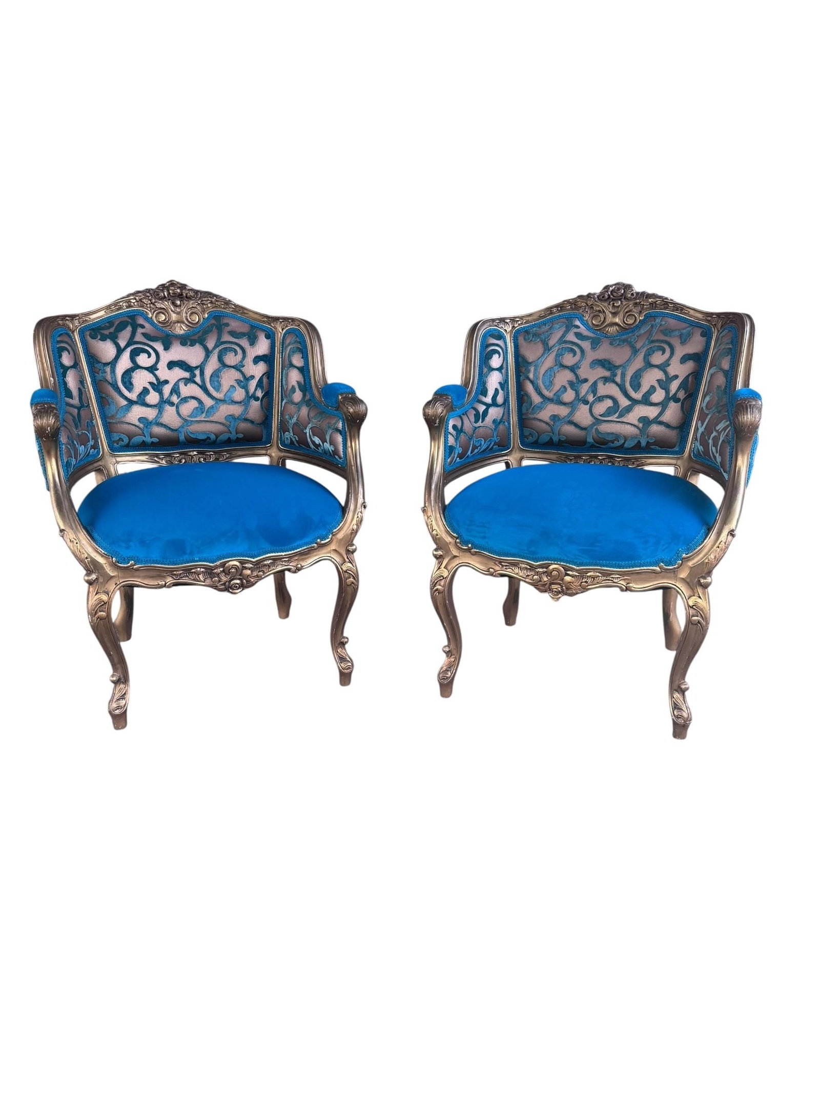Antique French Louis XV Style Carved Bergere Giltwood Chairs - Pair - 2