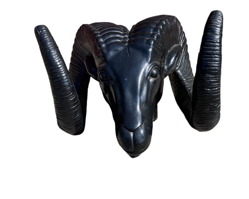 Vintage Black Rams Head Sculpture: Vintage Black Rams Head Sculpture Bold vintage ram's head sculpture finished in black, featuring strong sculptural lines and striking presence. A versatile decorative accent perfect for a shelf,