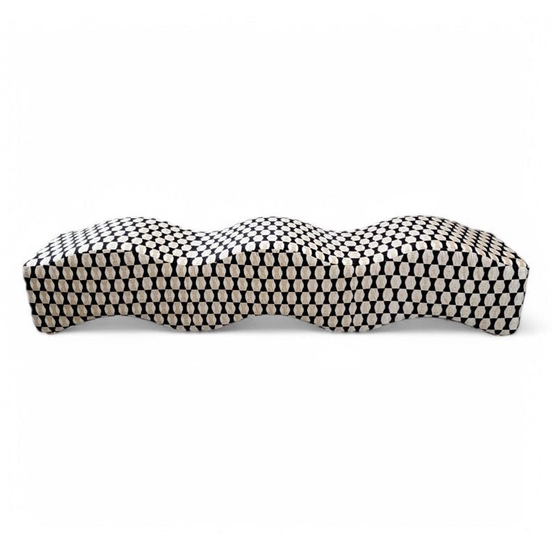 Postmodern Ripple Wave Bench Newly Reupholstered: Postmodern Ripple Wave Bench Newly Reupholstered in Kate Spade Bow Tie Patterned Mohair Sculptural postmodern ripple wave bench newly reupholstered in luxurious Kate Spade bow tie patterned mohair. A 