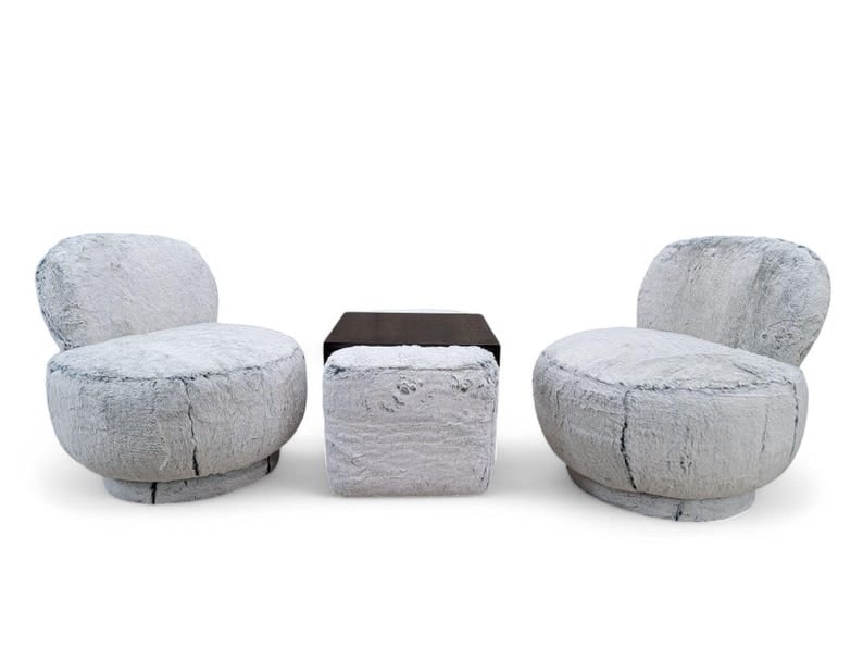 Postmodern Steve Chase Style Swivel Pouf Lounge Chairs and Ottoman Newly Reupholstered: Postmodern Steve Chase Style Swivel Pouf Lounge Chairs and Ottoman/Cocktail Table Tray Newly Reupholstered in Ultra-Plush Silver-Mist Fur Fabric - 3 Piece Set The Postmodern Steve Chase Style Swivel