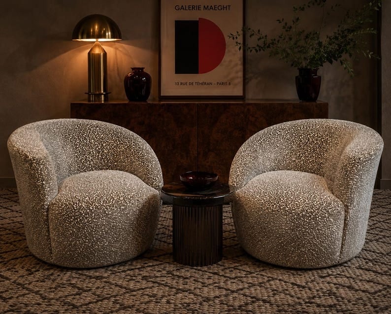 MCM Vladimir Kagan Nautilus Asymmetrical Swivel Lounge Chairs - Pair: Mid Century Modern Vladimir Kagan For Directional Nautilus Asymmetrical Swivel Lounge Chairs in Velvet Chenille- Pair Iconic pair of "Nautilus" swivel lounge chairs designed by Vladimir Kagan for