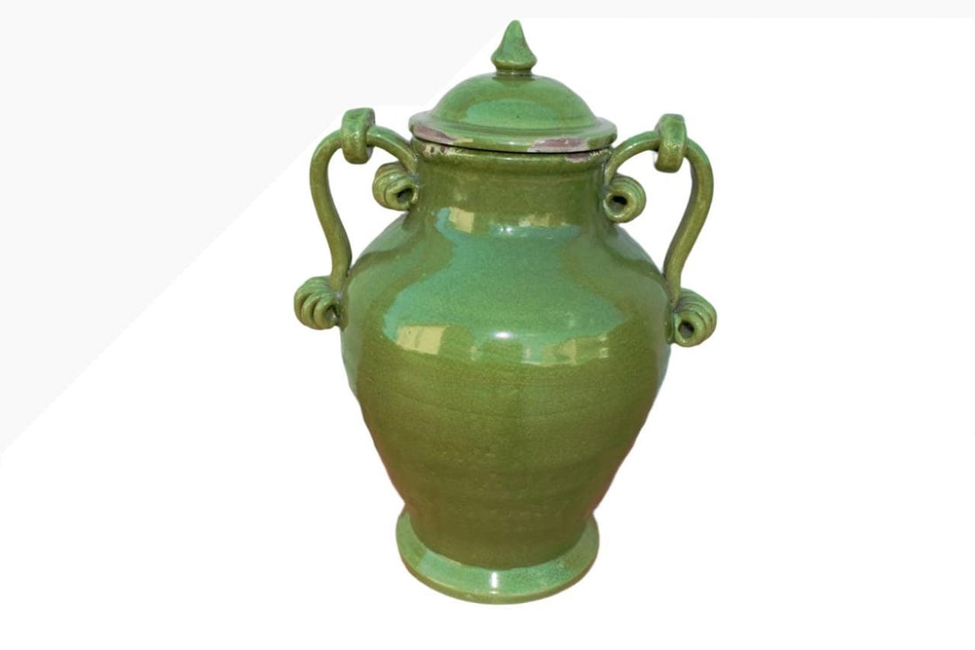 Vintage Ceramic Green Amphora Shaped Vase - 2