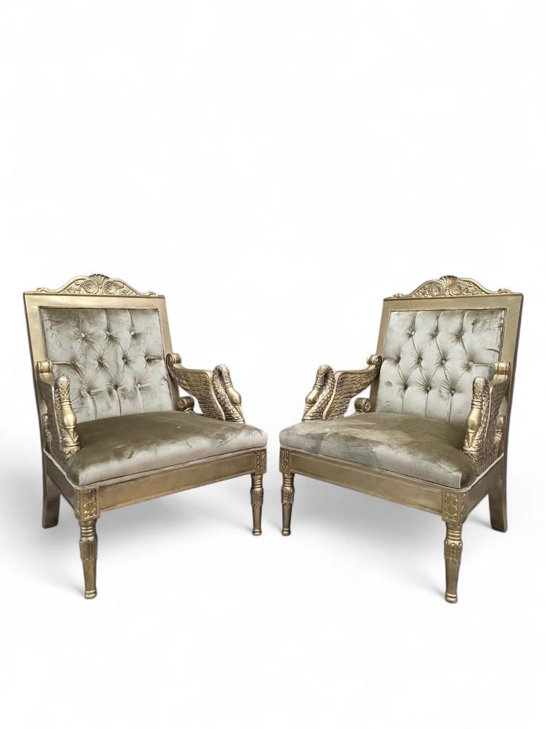 Vintage Neoclassical Empire Swan Arm Giltwood Lounge Chairs Newly Reupholstered - Pair (1 of 8)