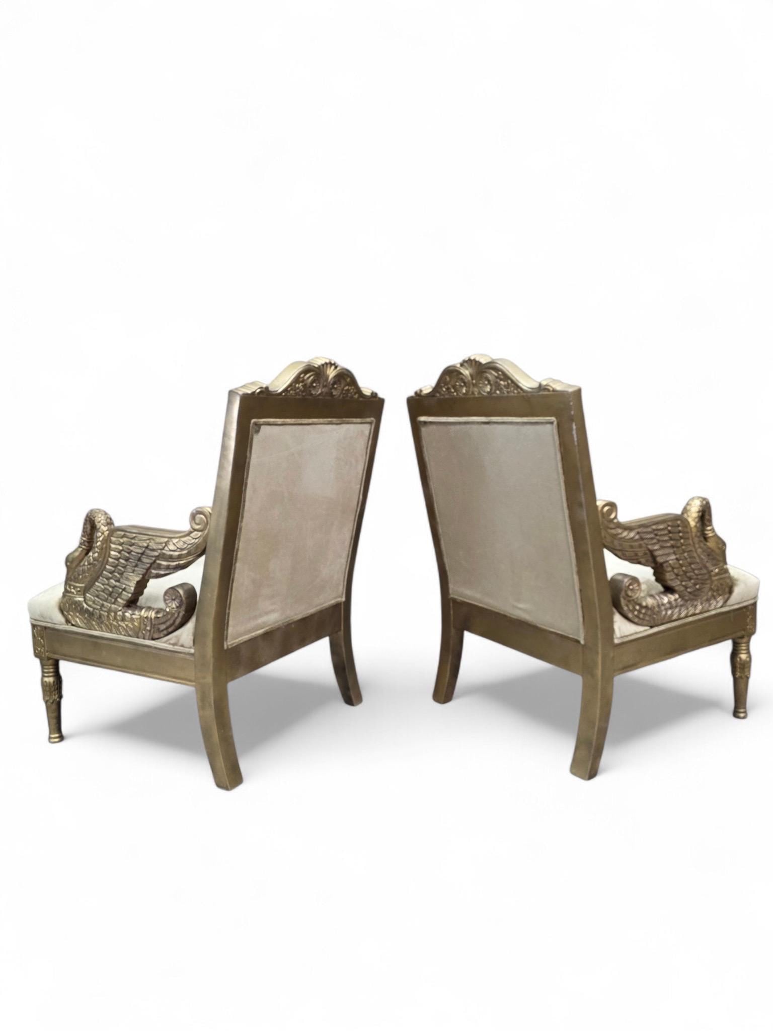 Vintage Neoclassical Empire Swan Arm Giltwood Lounge Chairs Newly Reupholstered - Pair - 3