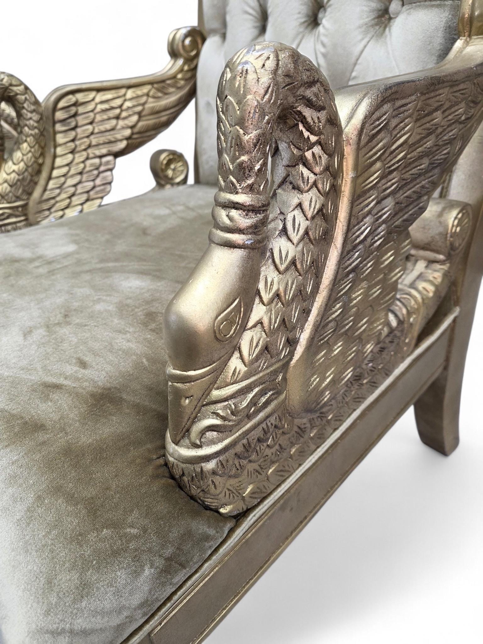 Vintage Neoclassical Empire Swan Arm Giltwood Lounge Chairs Newly Reupholstered - Pair - 7