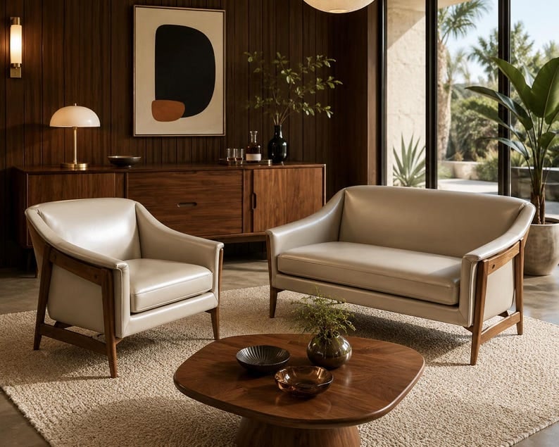 Danish Modern Dux Folke Ohlsson Sofa and Side Chair Set Newly Reupholstered: Mid Century Modern Danish Dux Folke Ohlsson Teak Sofa and Side Chair Set Newly Upholstered in High End Holly Hunt Champagne Metallic Leather and High Density Memory Foam - 2 Piece Set We love that thi