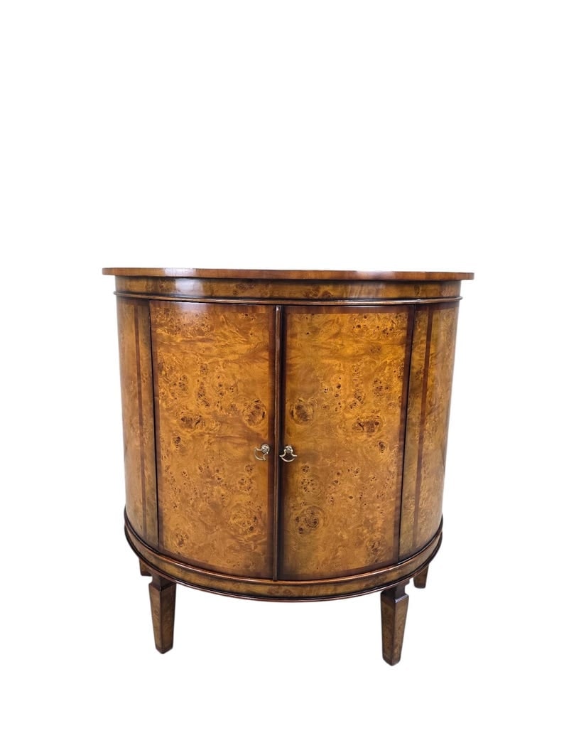 Vintage Neoclassical Regency Style Walnut Burl Demilune Cabinet: Vintage Neoclassical Regency Style Walnut Burl Demilune Cabinet with Double Doors Vintage demilune cabinet in walnut burl veneer featuring a beautifully figured book matched top and curved front.