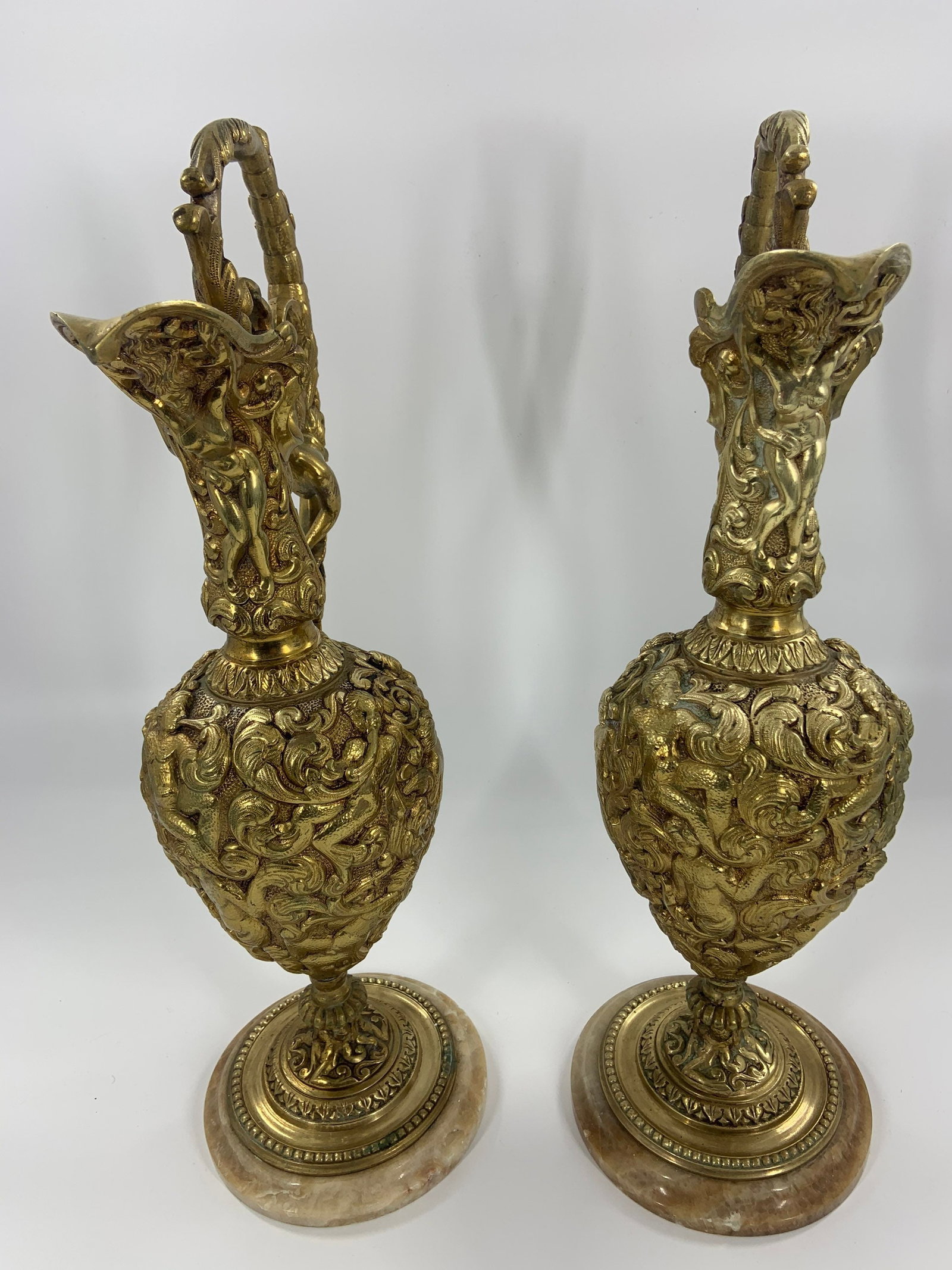 Antique French Renaissance Revival Figural Ormolu Ewers - Pair - 4