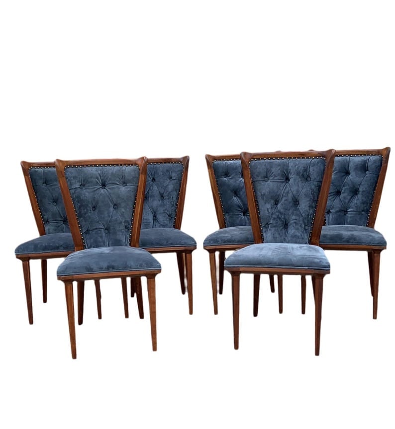 Italian Art Deco Dining Chairs Newly Reupholstered - 6: Vintage Italian Art Deco Sculptural Curved Back Dining Chairs Newly Reupholstered in a Holly Hunt Blue Suede - Set of 6The Vintage Italian Art Deco Sculptural Curved Back Dining Chairs, newly upholste