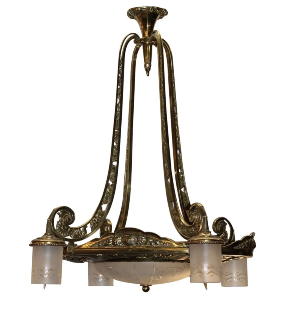 Antique Art Deco - Neoclassical Brass Chandelier - 2