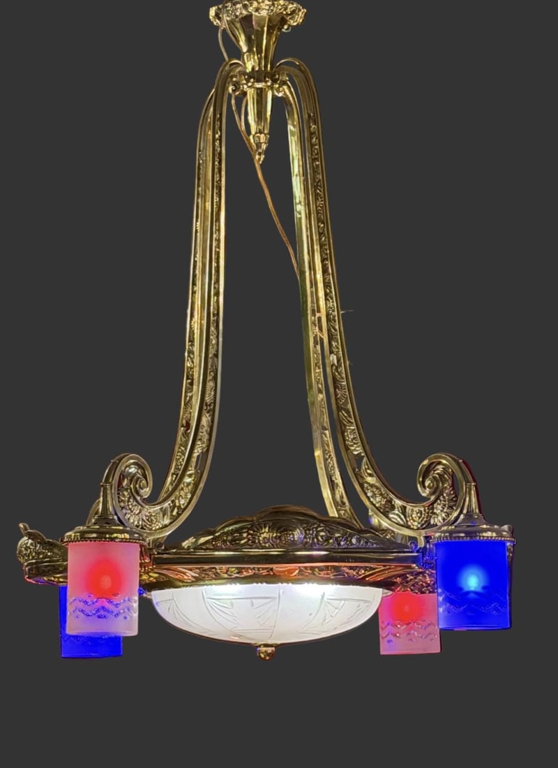 Antique Art Deco - Neoclassical Brass Chandelier - 4