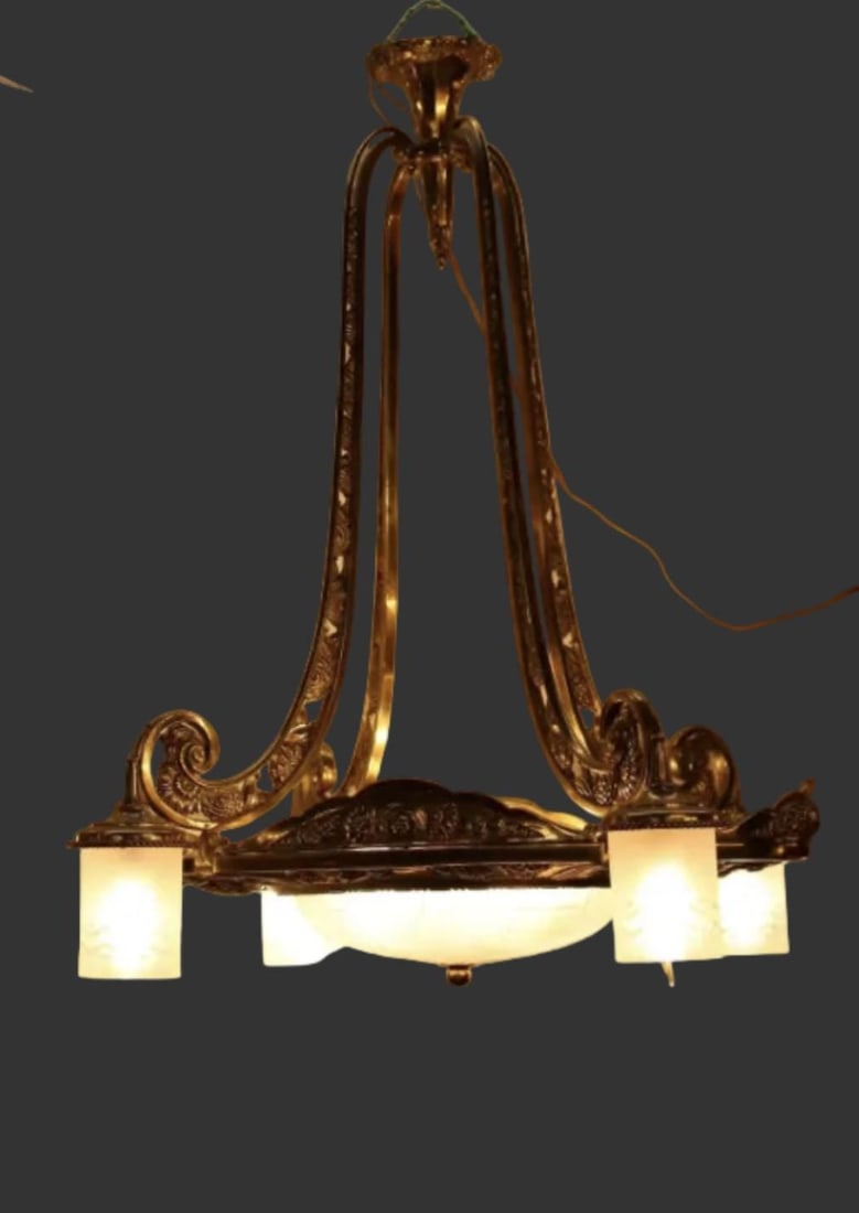 Antique Art Deco - Neoclassical Brass Chandelier - 5