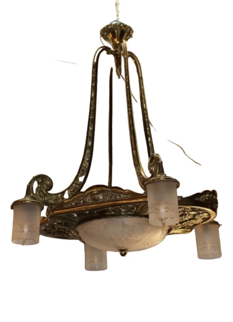 Antique Art Deco - Neoclassical Brass Chandelier - 6