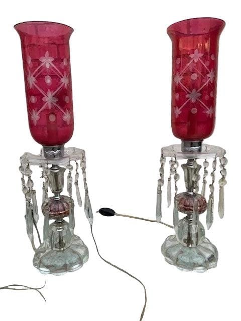 Antique Victorian Style Cranberry Glass Table Lamps - 2