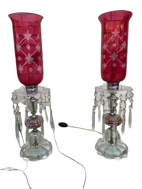 Antique Victorian Style Cranberry Glass Table Lamps - 3