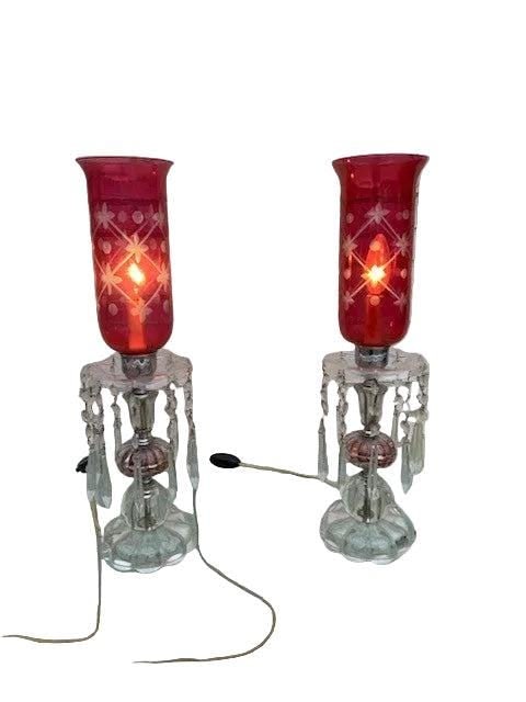 Antique Victorian Style Cranberry Glass Table Lamps - 5