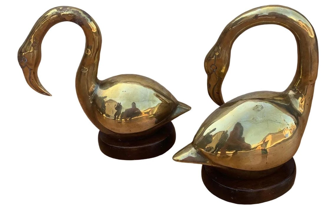 Mid Century Brass Swan Figurines - Pair - 5