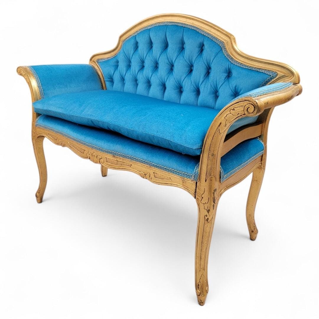 Antique French Tufted Petite Bench Newly Reupholstered - 3