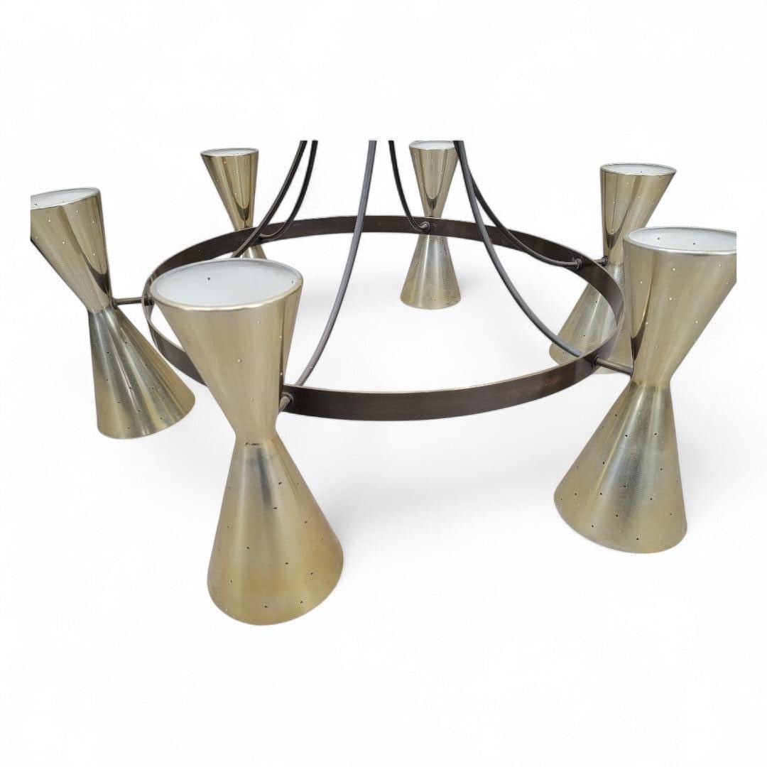MCM Brass & Black Metal Chandelier with Sculptural Trumpet Shades - 3