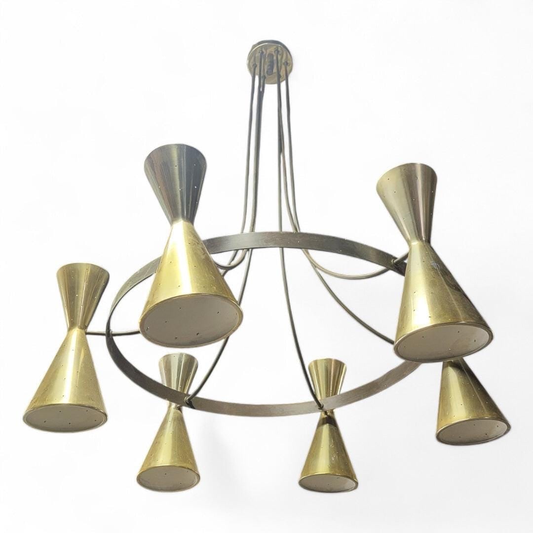MCM Brass & Black Metal Chandelier with Sculptural Trumpet Shades - 4