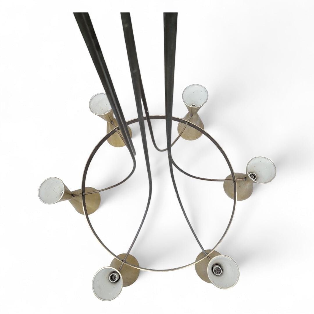 MCM Brass & Black Metal Chandelier with Sculptural Trumpet Shades - 5