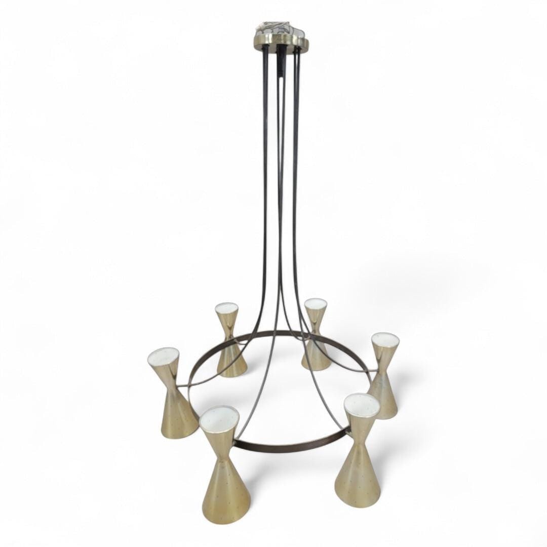MCM Brass & Black Metal Chandelier with Sculptural Trumpet Shades - 6