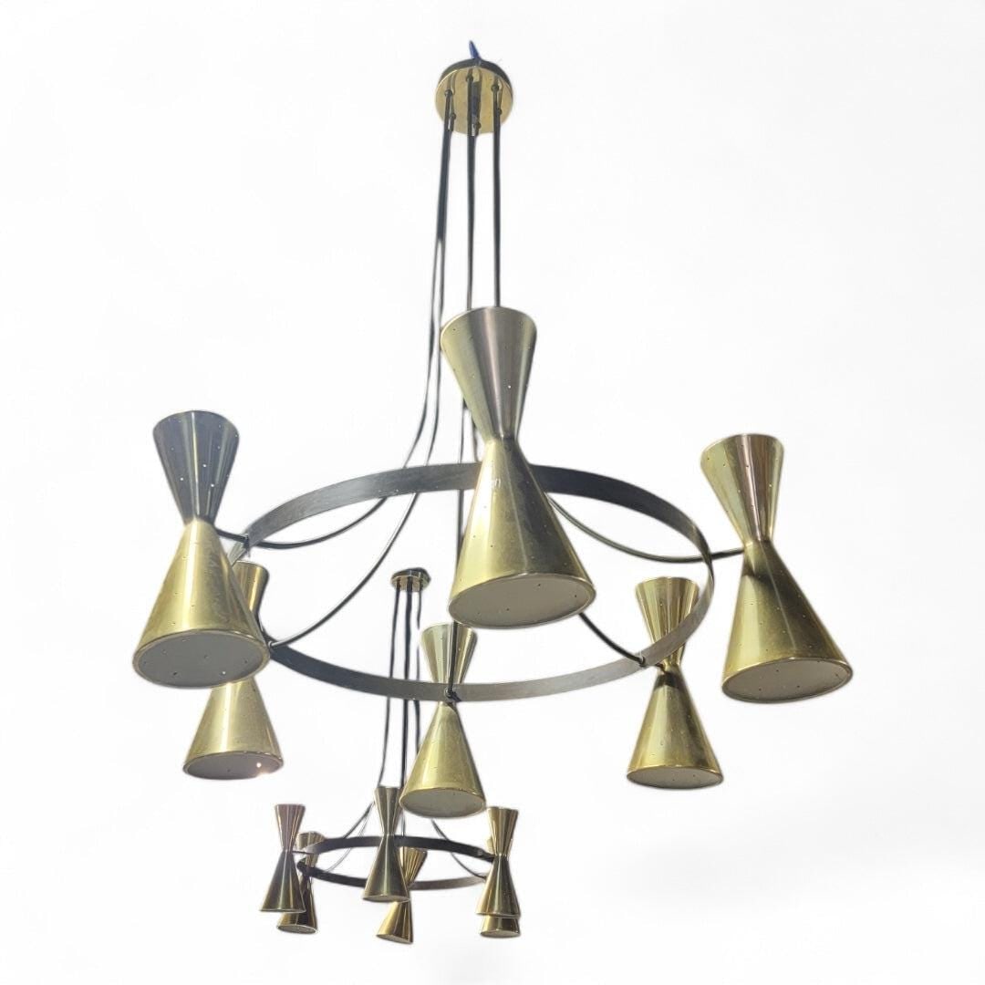 MCM Brass & Black Metal Chandelier with Sculptural Trumpet Shades - 7