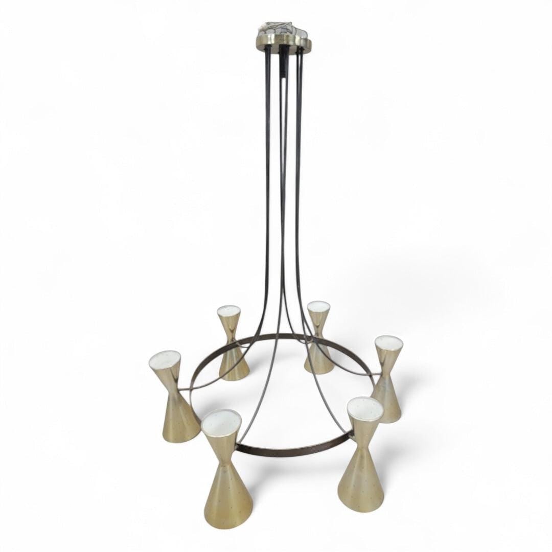 MCM Brass & Black Metal Chandelier with Sculptural Trumpet Shades - 8