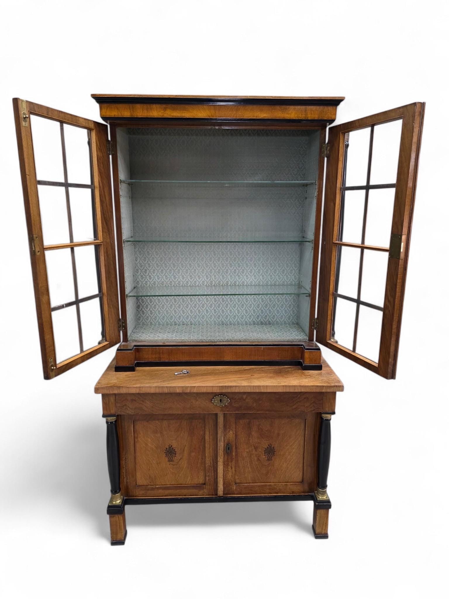 Antique Biedermeier Style Walnut Bookcase Vitrine - 3