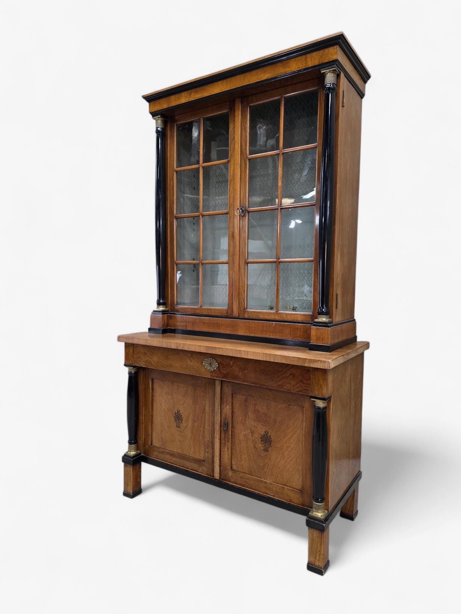 Antique Biedermeier Style Walnut Bookcase Vitrine - 7