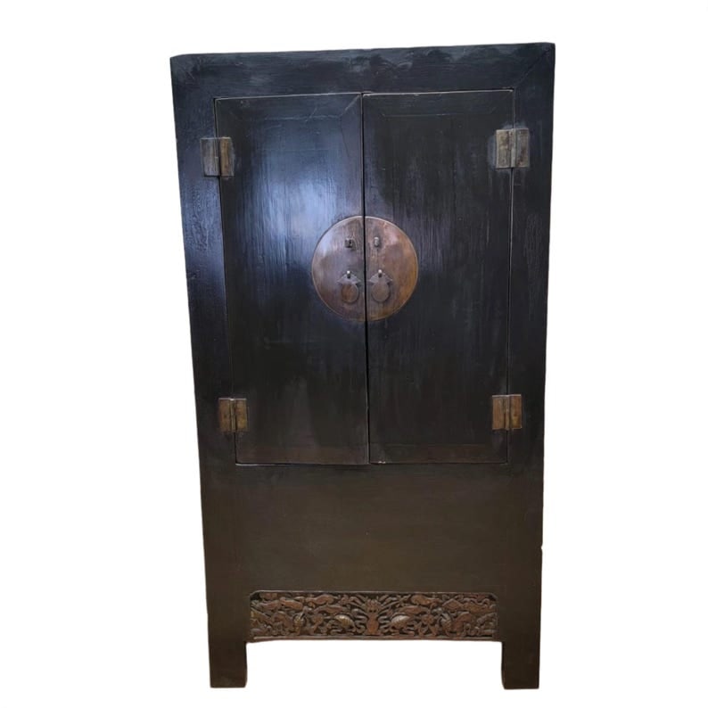 Antique Shanxi Province Elm Cabinet: Antique Shanxi Province Elm Cabinet with Hand Carved Apron This elmwood cabinet with original color and patina and hardware is from the Shanxi Province of China. It has carving details at the bottom w