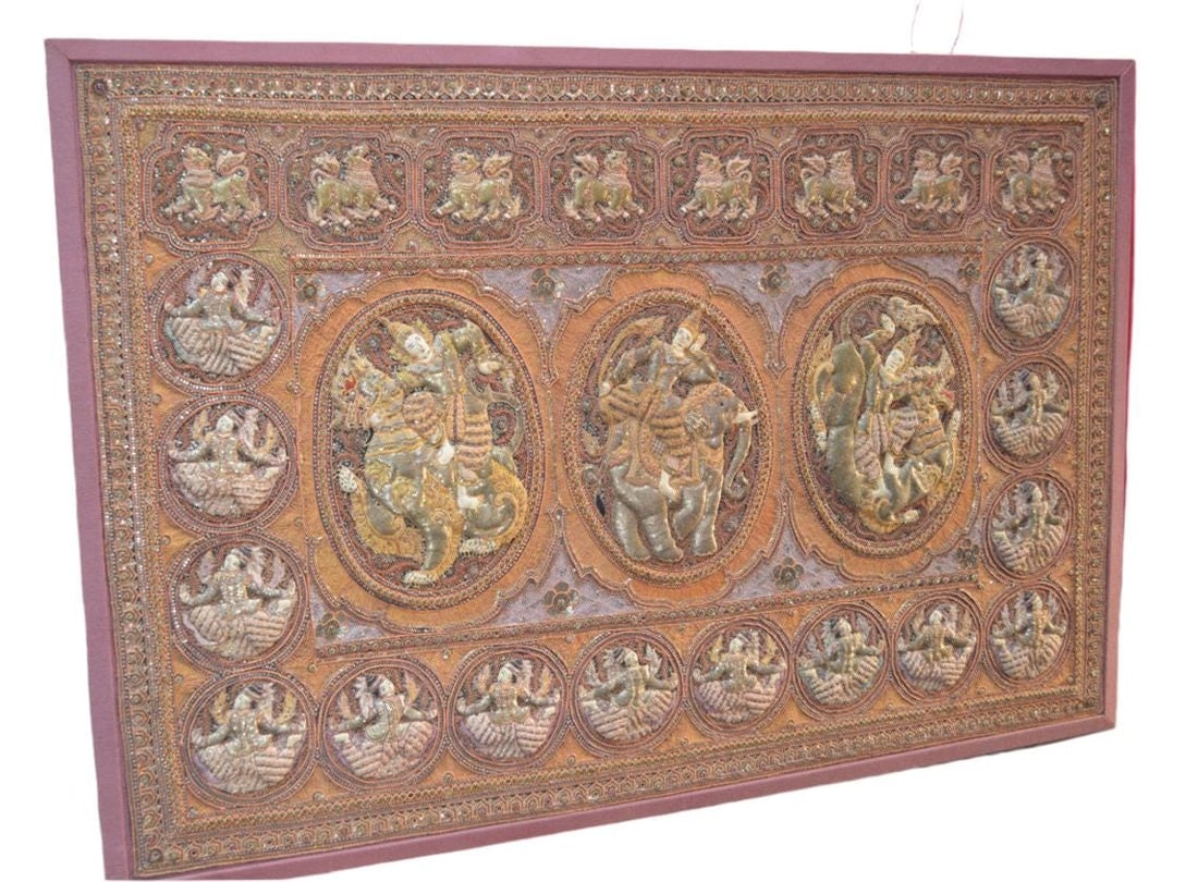 Vintage Framed Burmese Kalaga Textile Tapestry - 2