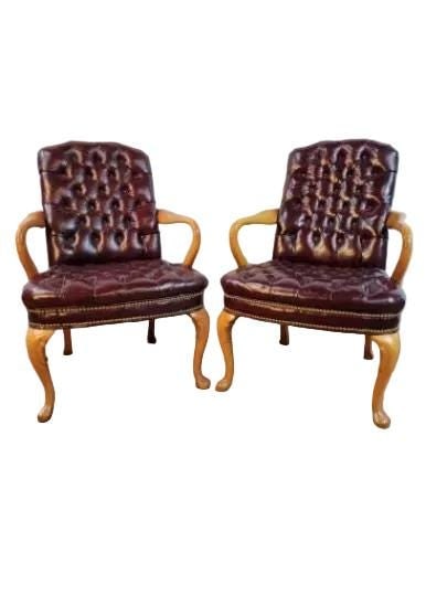 Vintage Traditional Georgian Style Tufted Burgundy Chairs - Pair - 5