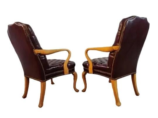 Vintage Traditional Georgian Style Tufted Burgundy Chairs - Pair - 6