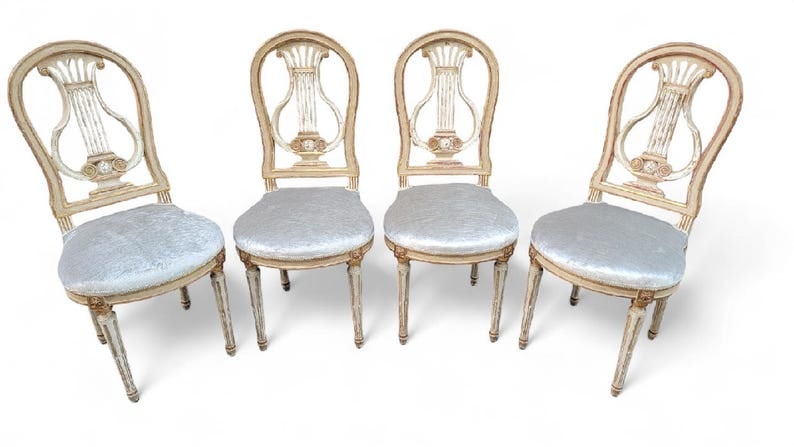 Antique French Louis XVI Style Dining Chairs Newly Upholstered - Set of 4: Antique French Louis XVI Style Gilded Balloon-Back Dining Chairs Newly Reupholstered - Set of 4 Gorgeous Set of 4, 19th Century Gilded & Hand Carved Balloon Back Fluted Leg, Louis XVI Style