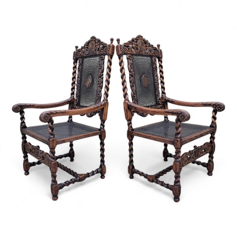Antique French Jacobean/Renaissance Revival Figural Throne Chairs - Pair (1 of 8)