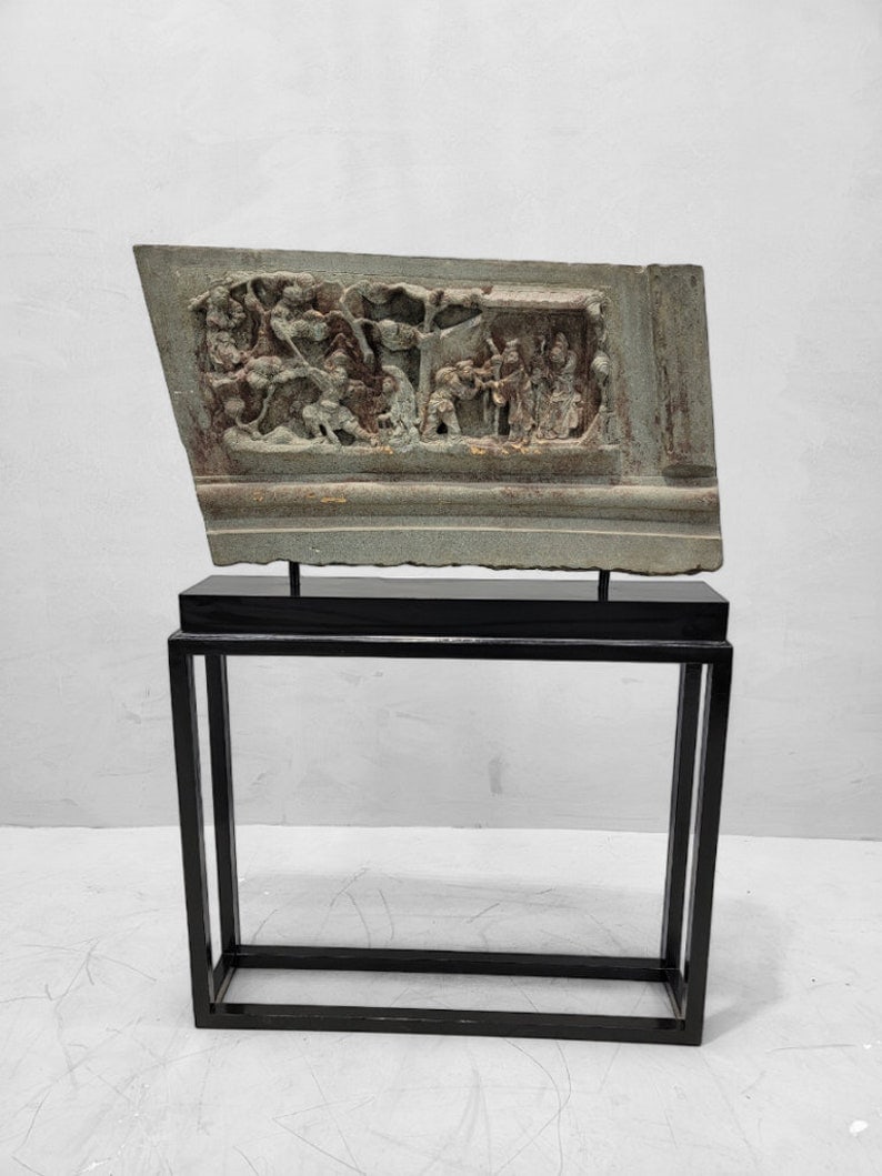 16th Century Chinese Hand Sculpted Grey Stone Panel with Stand Sculpture (1 of 8)