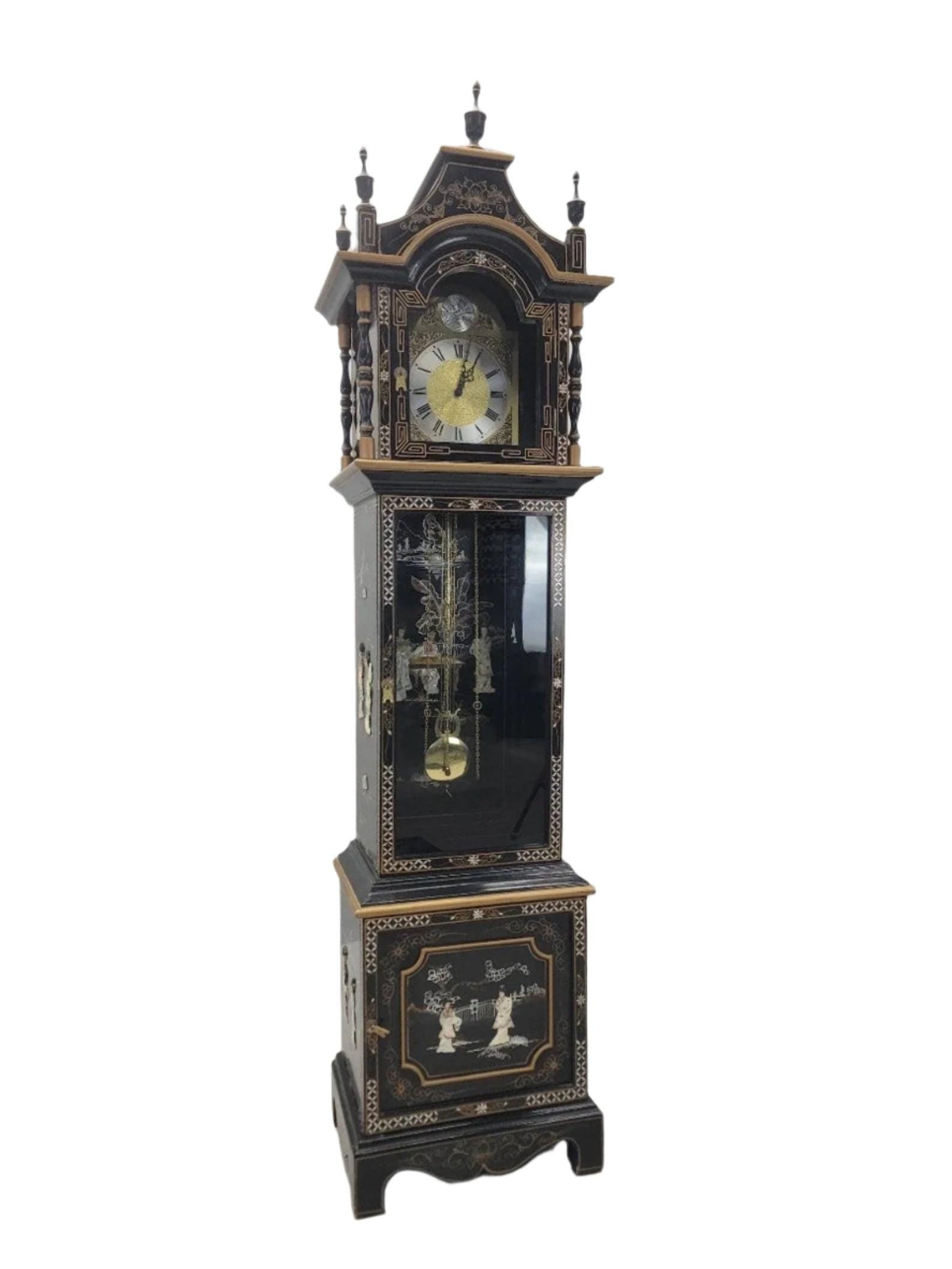 Vintage Wai Hing Clocks Co. Chinoiserie Black Lacquer Hand-Painted Mother of Pearl inlaid German - 2