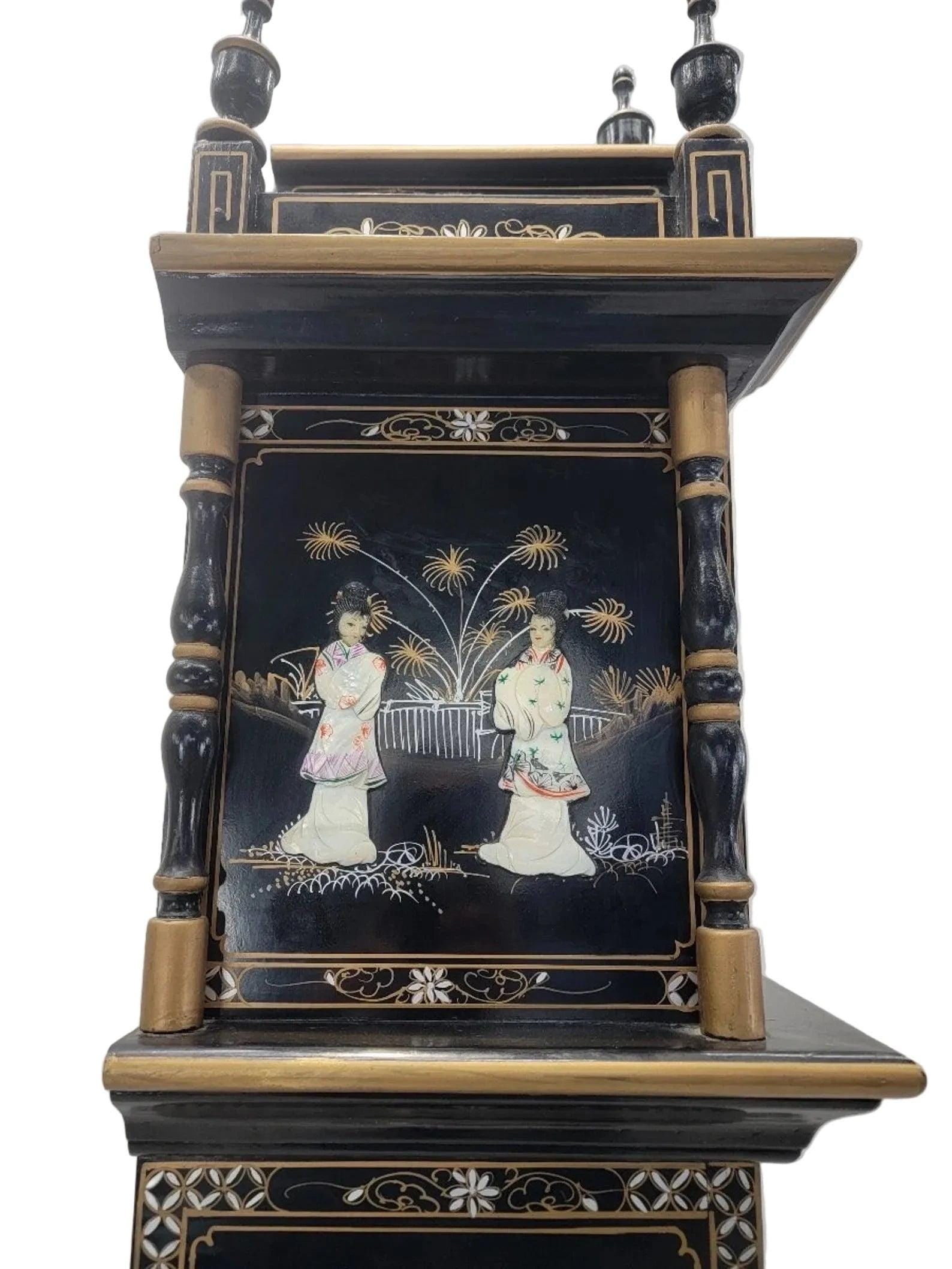 Vintage Wai Hing Clocks Co. Chinoiserie Black Lacquer Hand-Painted Mother of Pearl inlaid German - 4