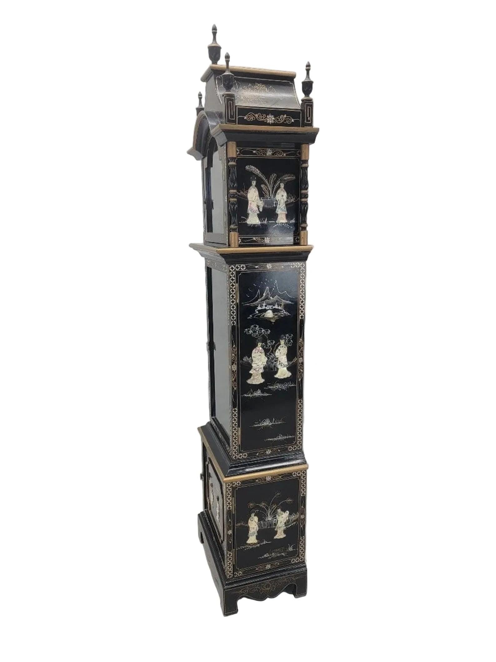 Vintage Wai Hing Clocks Co. Chinoiserie Black Lacquer Hand-Painted Mother of Pearl inlaid German - 5