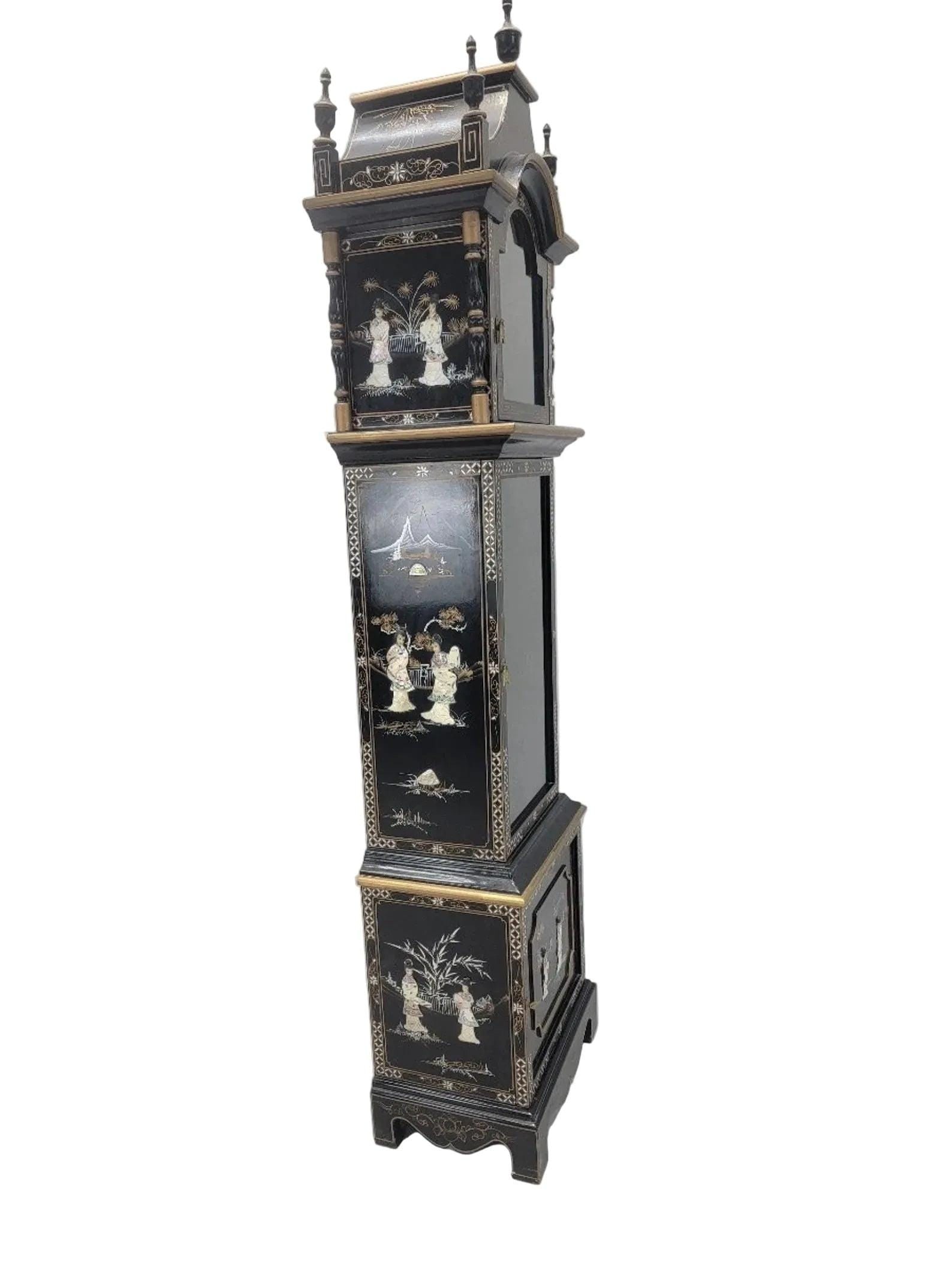 Vintage Wai Hing Clocks Co. Chinoiserie Black Lacquer Hand-Painted Mother of Pearl inlaid German - 7