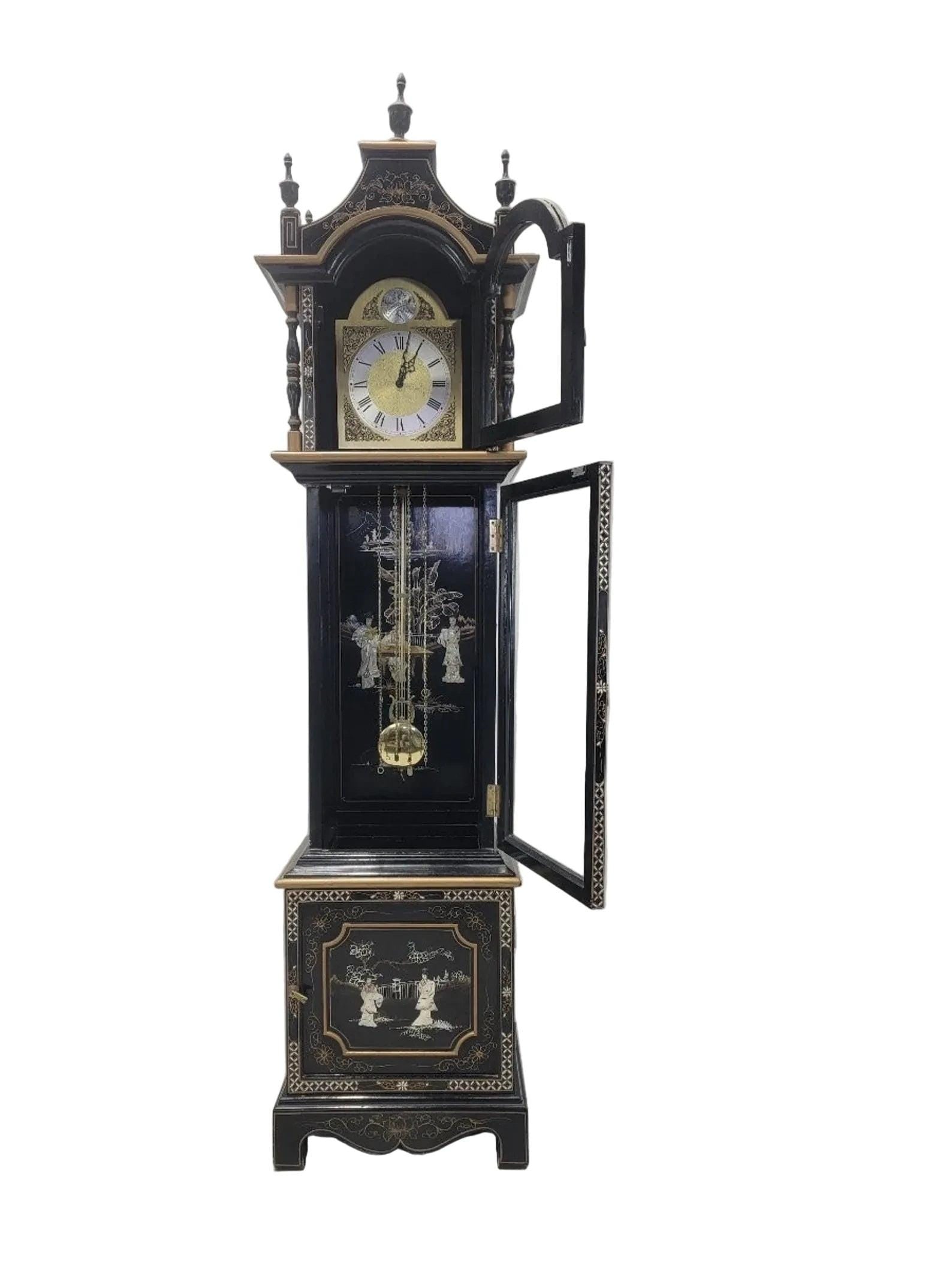 Vintage Wai Hing Clocks Co. Chinoiserie Black Lacquer Hand-Painted Mother of Pearl inlaid German - 8