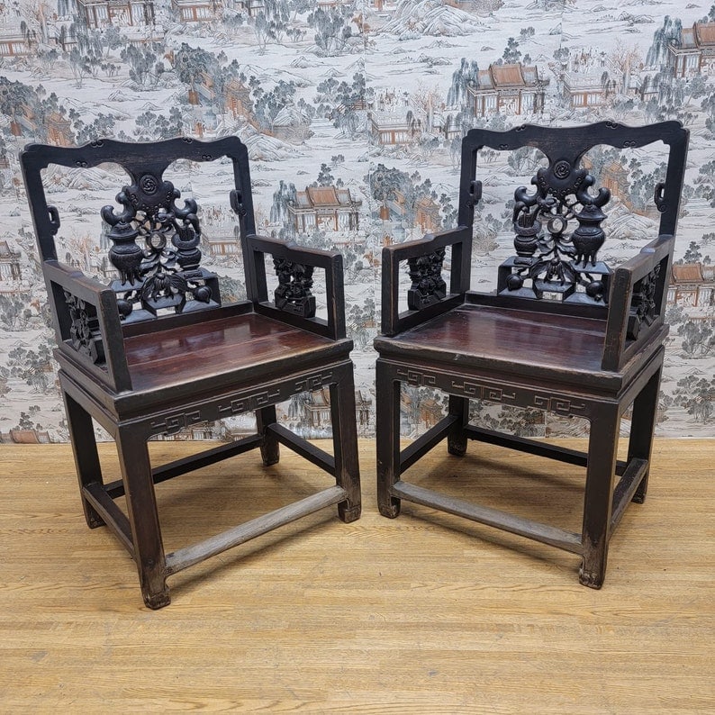 Antique Shanxi Province Carved Elm Wood Top Hat Seat - Pair (1 of 8)