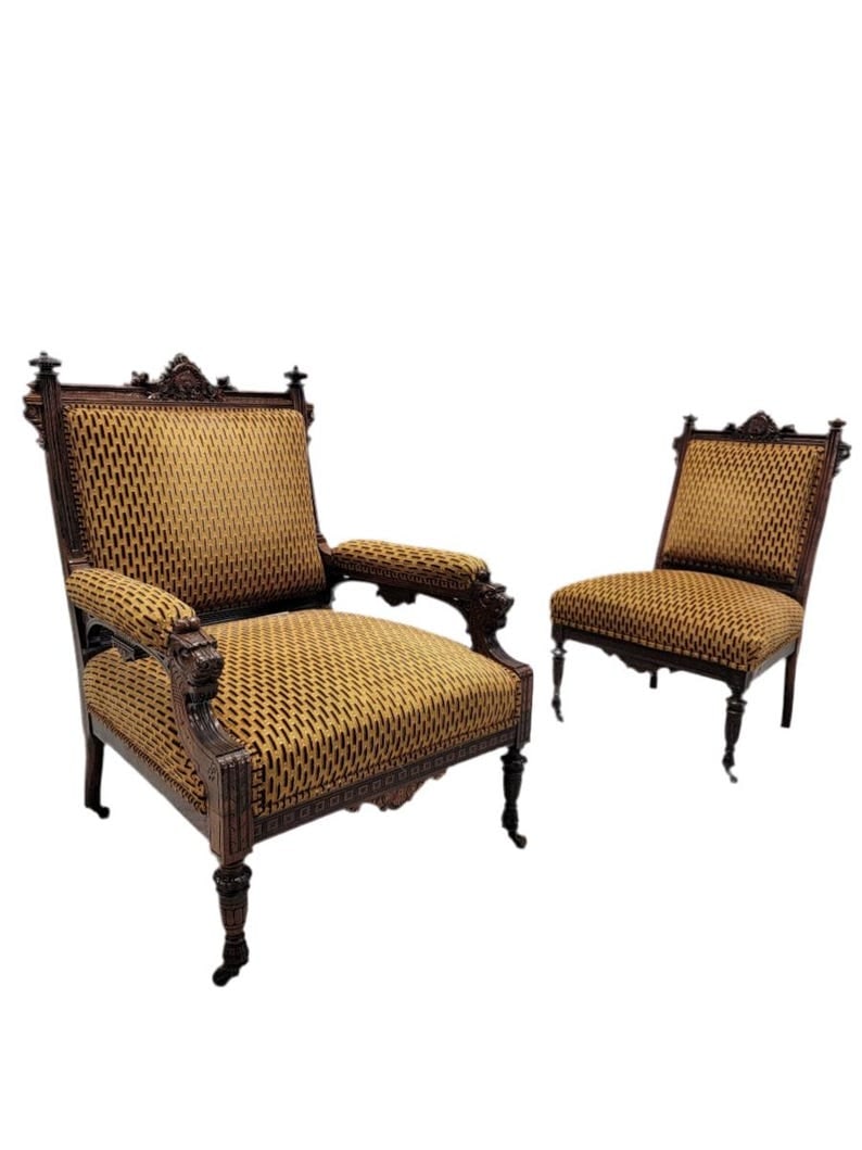 Antique Renaissance Revival Figural Carved Framed Parlor Chairs Reupholstered - Set of 2 (1 of 8)