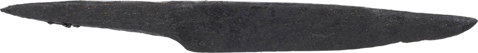 VIKING SIDE KNIFE OR POUCH KNIFE, 879-1067 AD.: About 3 5/8" (3.61")" total length. Thin section for slashing. Whittle tang, to secure it to the wood, bone, or antler grip, now perished. Quite crisp with minimal degradation. These side or pouch kni