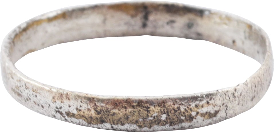 ANCIENT VIKING WEDDING RING C.1000 AD, SIZE 9 1/4: 10th-11th century AD. Silvered bronze, size 9 1/4, 2.6mm width, with rounded face. Surface textured from burial. Vikings exchanged rings on the pommel of the groom's sword. Professionally refurbished 
