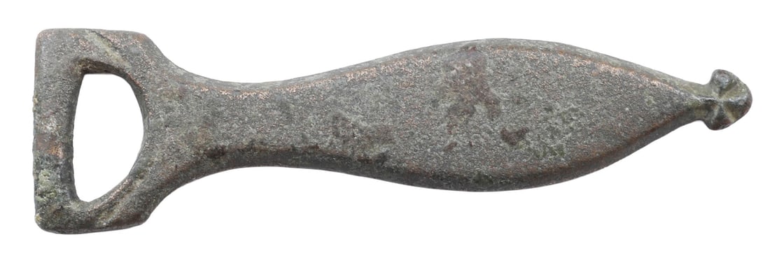 ROMAN LEGIONARY'S SWORD BELT TERMINAL, SECOND CENTURY AD: Bronze, tear drop form, just over 1 1/2" (1.54") length. Elegantly made with short spurs at the loop and elongated baluster body with trefoil terminal. Used after the mid second century through the th