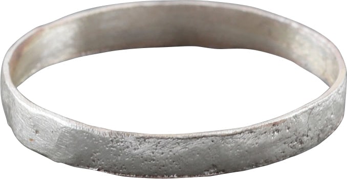 VIKING WEDDING RING, 10TH-11TH CENTURY AD, SIZE 5: 10th-11th century AD. Silvered bronze Size 5, 2.2mm width, with low rounded face. Surface lightly textured from burial. Vikings exchanged rings on the pommel of the groom's sword. Professionally