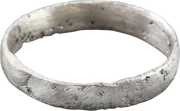 VIKING WEDDING RING, 10th-11th CENTURY AD, SIZE 3 ?: 10th-11th century AD. Silvered bronze Size 3 ½ for the small finger as was the custom. 2.8mm width, with low rounded face. Surface textured from burial. Vikings exchanged rings on the pommel of